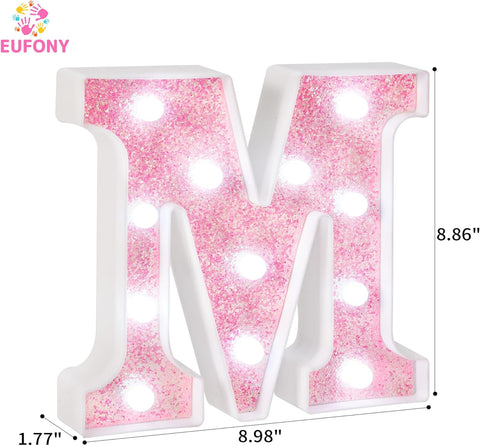 Pink Glitter Marquee Light Up Letters, Battery Operated LED Letter Lights Signs for Pink Birthday Party Table Decorations, Wall Decor for Girls Bedroom, Initial Letter M with Cool White Lights