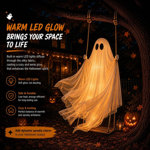 Halloween Light Up Swinging Ghost Hanging Decoration – Large Cloth Specter with Warm White LED Light for Outdoor Trees, Gardens, Porches & Halloween Parties