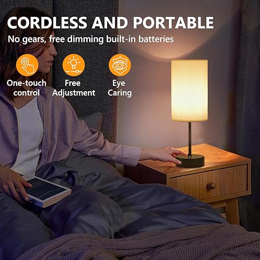 Cordless Table Lamp, Rechargeable Table Lamp Built-in 5000mAh Battery Operated Table Lamp with Dimmable Memory, Portable Battery Lamp Touch Bedside Lamp, LED Night Lamp for Bedroom - Black