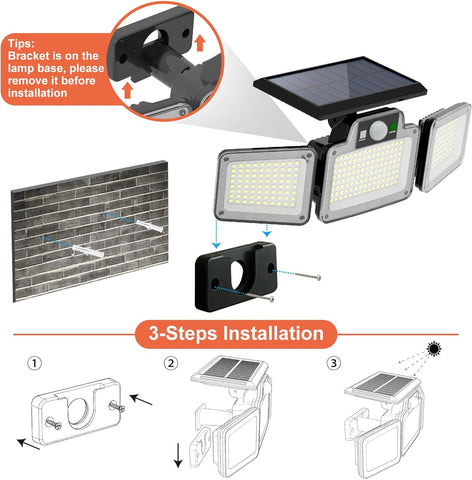 Solar-powered outdoor light fixture with installation instructions on a white background