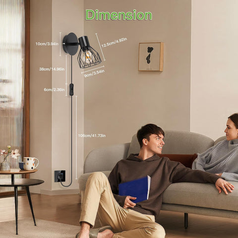 Plug-in Wall Lights for Bedroom – Modern Industrial Wall Sconce with Switch and Cable – 350° Adjustable E14 Black Wall Lamp
