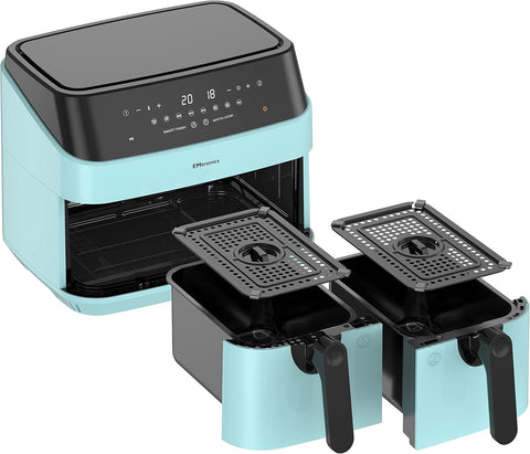9L Dual Air Fryer XXL Family Size – 8 Presets, Oil-Free Healthy Cooking, Easy-Clean Metal Interior, 99-Min Timer – Aqua Blue