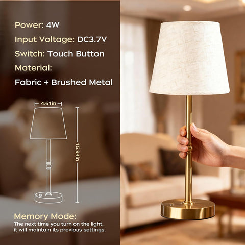 Cordless Rechargeable Table Lamp 3000K LED Gold – USB-C Touch Dimmable Battery Table Lamp for Bedside, Dining & Home Lighting