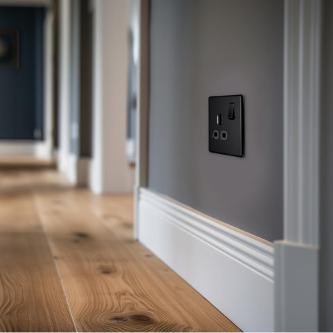 BG Electrical Single Switched Power Plug Wall Socket, Screwless Front Plate, Slim Profile, Premium Flatplate, Matt Black, 13A, FFB21B