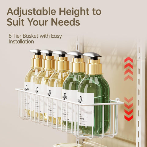 Delamu 8-Tier Over Door Storage Organiser, Adjustable Metal Pantry Shelves, Hanging Spice Rack for Kitchen, Bathroom & Laundry, White