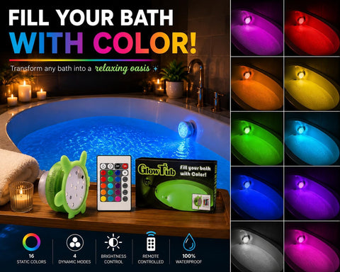 GlowTub V1 LED Bath & Spa Light with Remote Control – Waterproof Colour Changing Underwater Bath Light with 16 Colours, Dimming & Strobe Effect