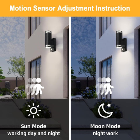 Two images showing a motion sensor light on a building with labels for sun mode and moon mode.