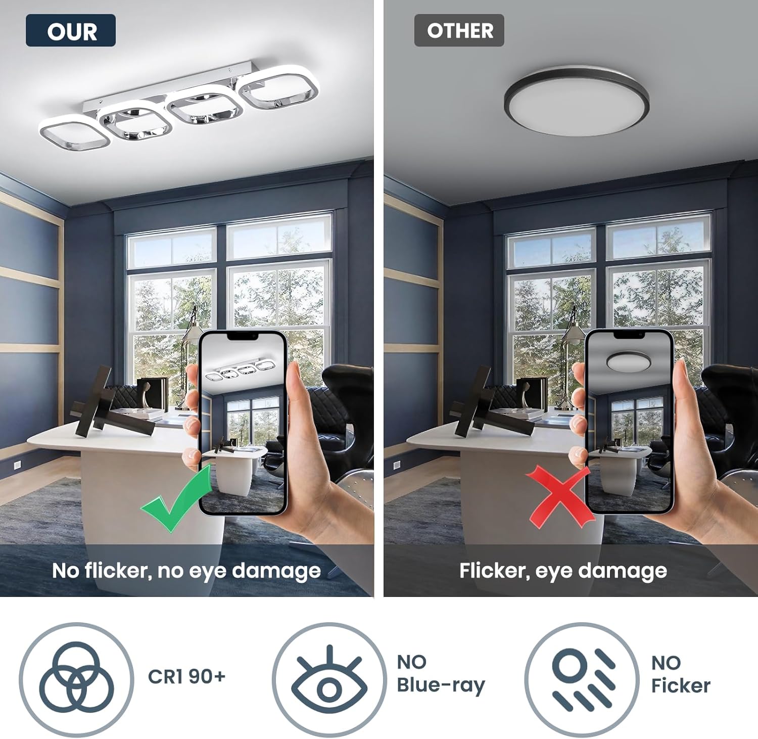 Comparison of LED ceiling lights with smartphone showing flicker issue in a modern office setting.