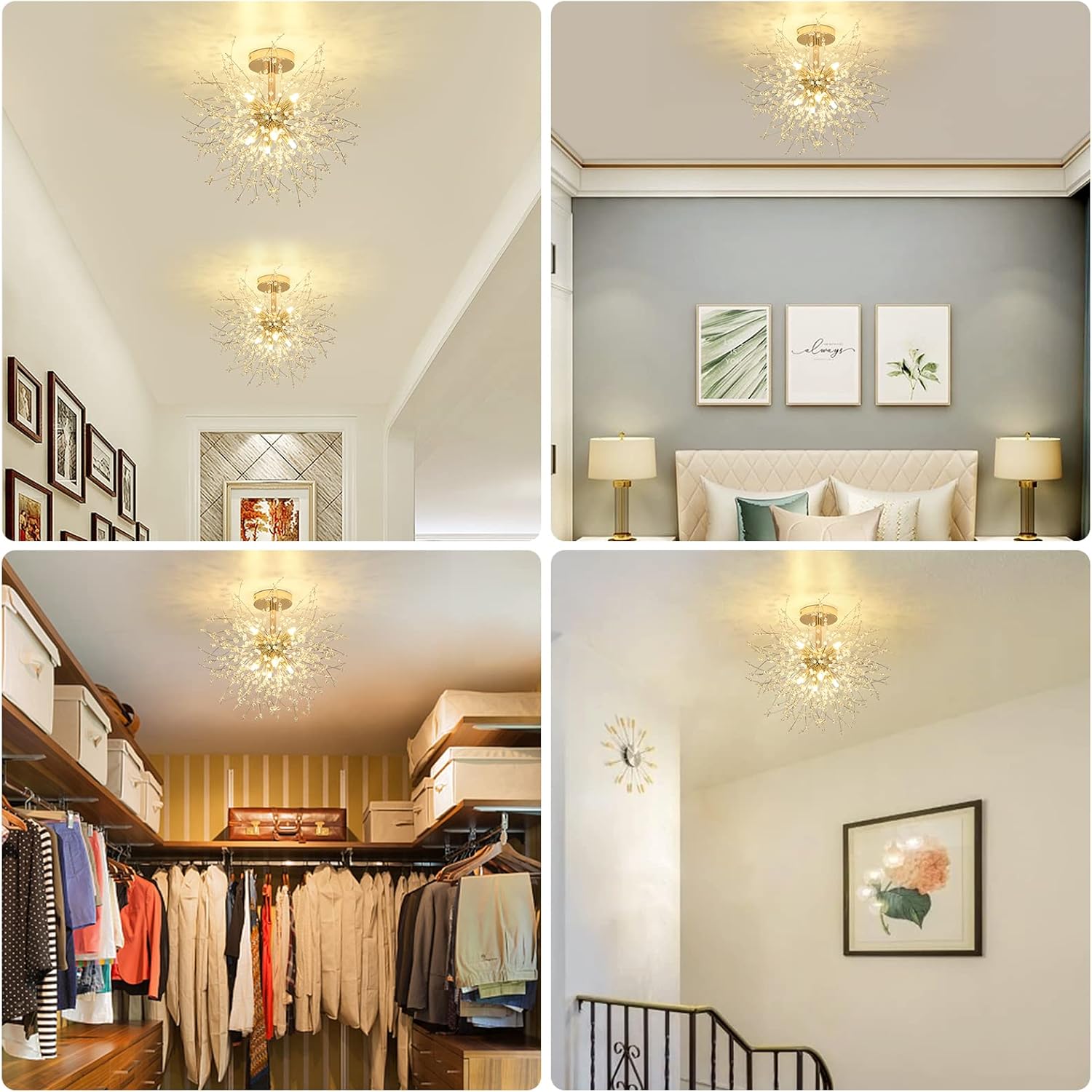 Collage of a bedroom with decorative lights and furniture.