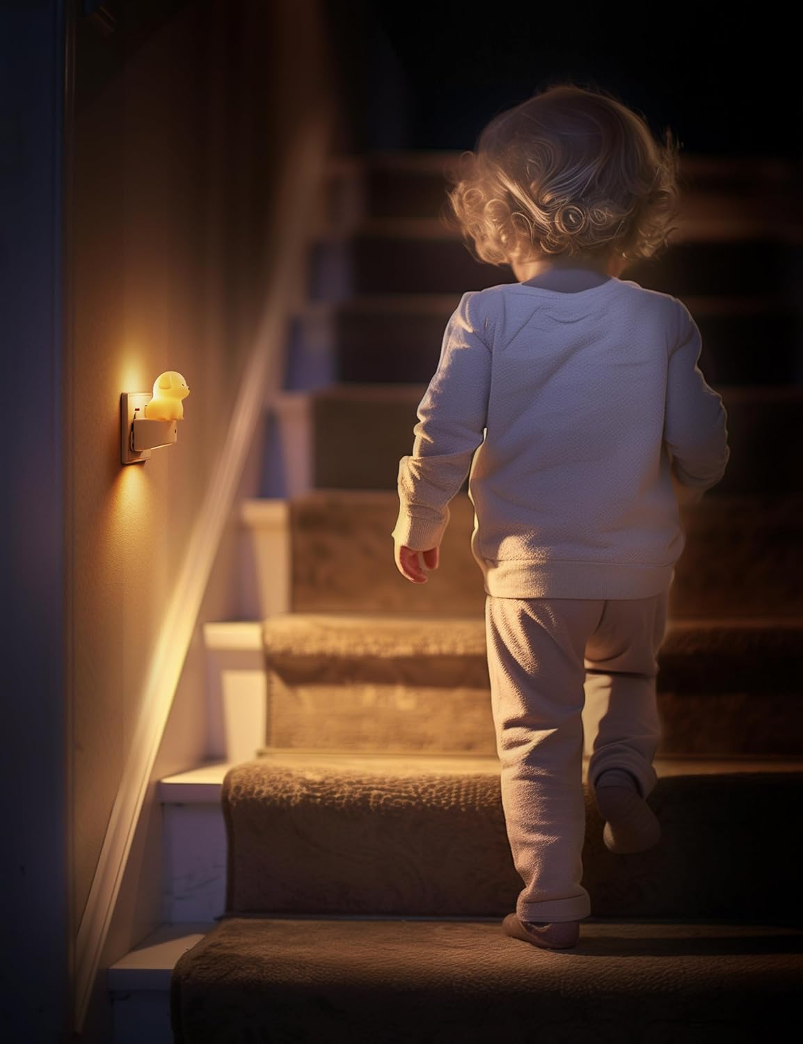 Child walking up a dark staircase with a light fixture casting a warm glow.