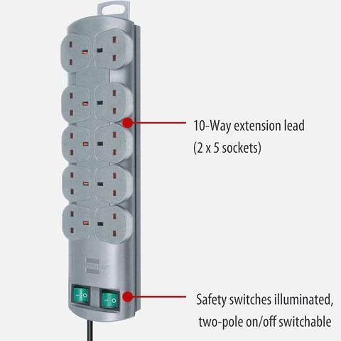 Brennenstuhl Primera-Line 10-way Extension Lead (Power strip with 2 switches for 5 sockets each and 2m cable) Silver