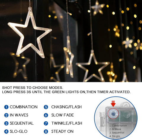 Jsdoin Christmas LED Star Curtain Lights – 12 Stars 138 Warm White String Lights with Remote Control