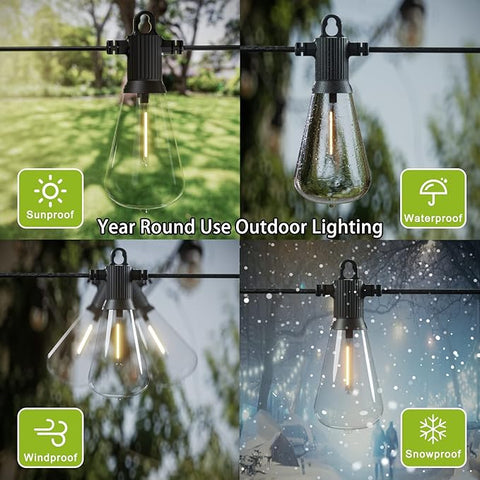 Mains-powered LED string lights creating a cozy backyard atmosphere.

