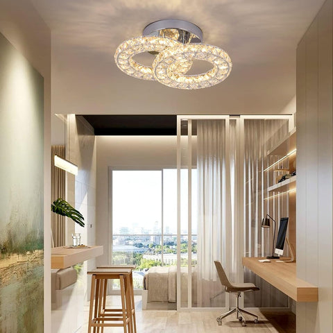 Crystal LED Ceiling Light Fixture, Modern 2-Ring Flush Mount Chandelier