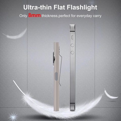 Ultra-thin flat flashlight with 8mm thickness on a gray background