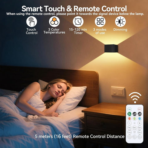 2PCS Rechargeable Wall Lights Indoor with Motion Sensor, Remote Control, 3 Dimmable Color, Up and Down Magnetic Wireless Wall Sconces for Bedroom, Living Room, Hallway & Stairs