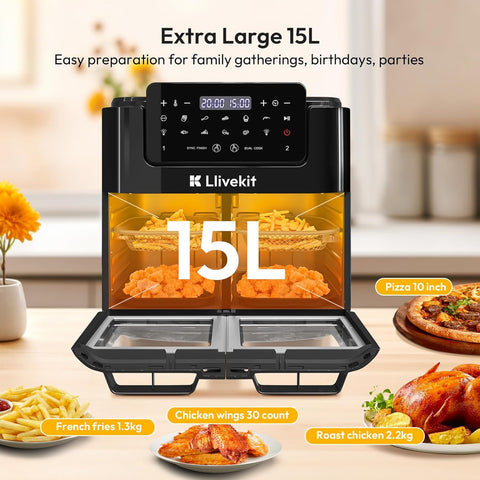 LLIVEKIT 15L Dual Air Fryer Oven – 2600W, 12-in-1, Rotisserie, SYNC Finish & Dual Cook, 8 Accessories, LED Touch Screen