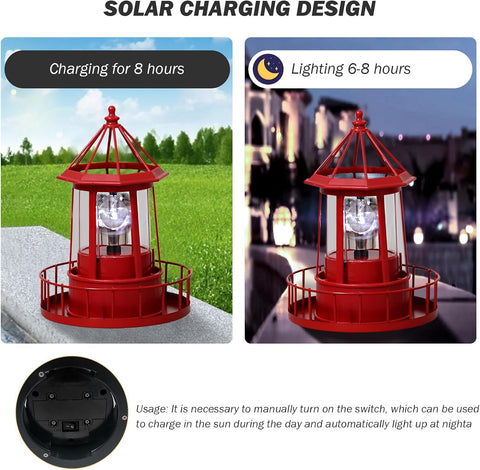 Solar Lighthouse Lamp Auto 360° Rotation Lighthouse Light Waterproof Decorative Metal Solar Garden Lights for Balconies Garden Decorations 5.9x8.3 Inch Red, Pathway Lighting