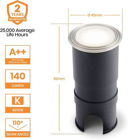 BODENN Decking Lights - Stainless Steel Outdoor Lights - Weatherproof Garden Lights - Marine Grade, Mains Operated LED Lighting - Buried Uplighters - IP67 Rated - Cool White Colour