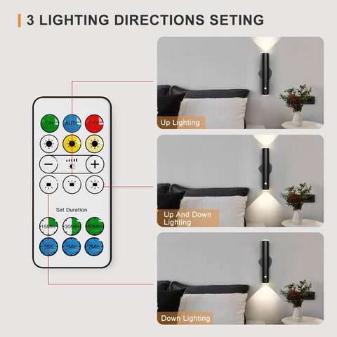 Remote control with lighting directions settings displayed on a bedroom background