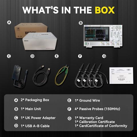 RIGOL DHO802 Portable Digital Oscilloscope, 70MHz Bandwidth, 2 Analogue Channels, 12bit Vertical Resolution, Low Noise Floor, Mobile Power Supply Supportable
