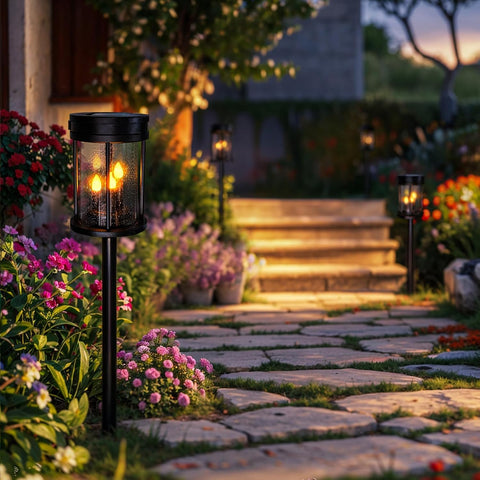 Outdoor Garden Solar Stake Lights Flickering Candle Lighting for Yard, Lawn, Patio, Pathway, Wall Decoration (2Pack, Black)