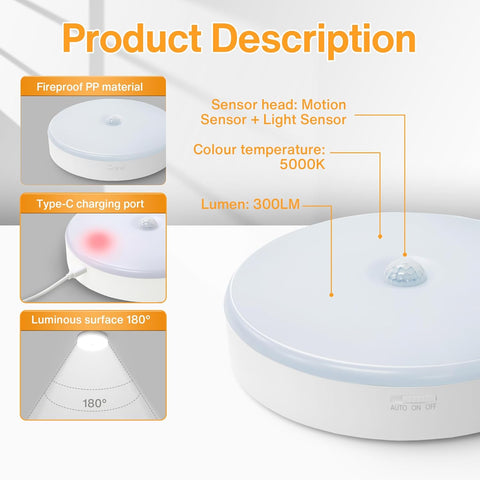 Rechargeable Motion Sensor Ceiling Light – 300LM LED, 7000mAh Battery, USB Powered, Wireless Indoor Wall Light for Stairs & Garage