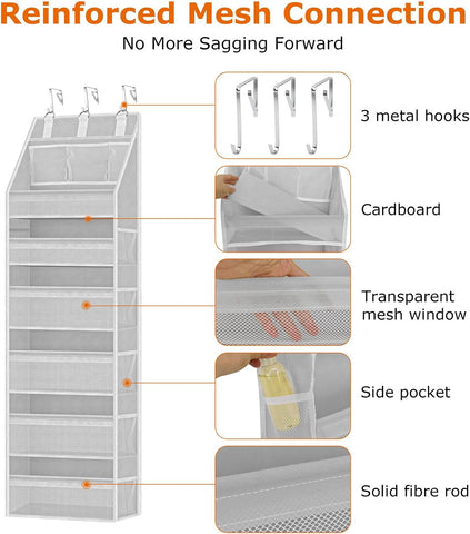 WEIQITAI 6-Tier Over the Door Organiser, Grey Hanging Storage with 6 Clear Front Pockets, 10 Mesh Side Pockets and 3 Metal Hooks