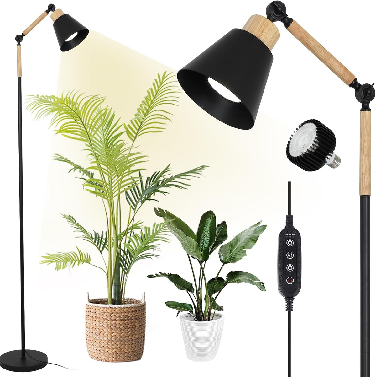 Grow Lights for Indoor Plants, LED Grow Lights Full Spectrum, Tall Plant Light for Indoor Growing with 20W COB Plant Light Bulb, 4/8/12H Timer, Black Growth Stand Floor Lamp for Plant Seedling