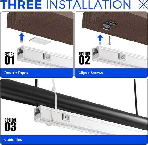 Three installation options for a LED strip light with double tapes, clips + screws, and cable ties.