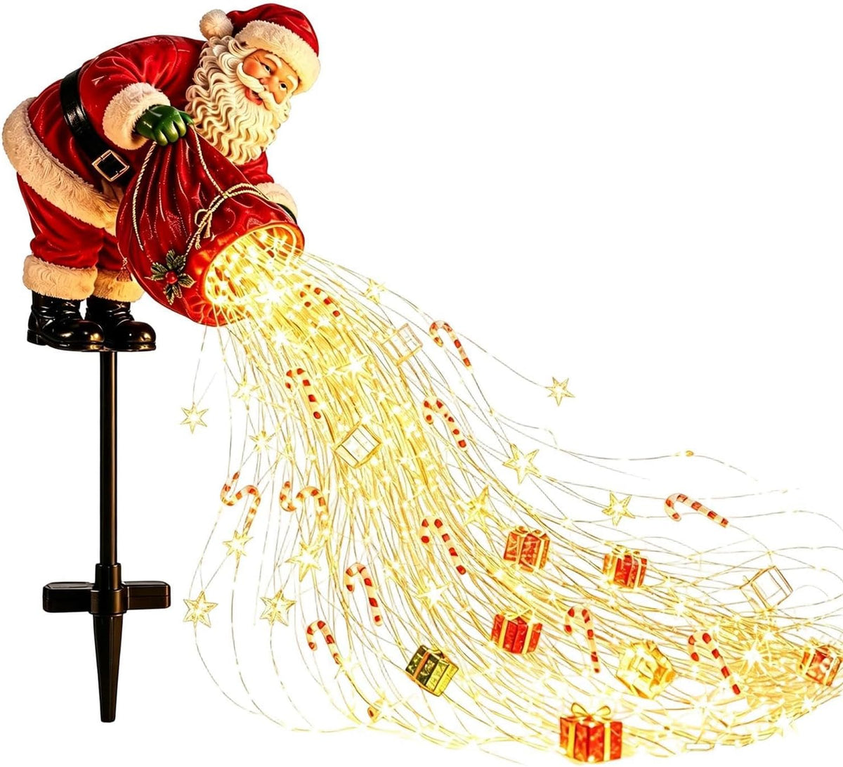 Solar Christmas Lights, Santa Garden Stake, Flowing LED Strings, with