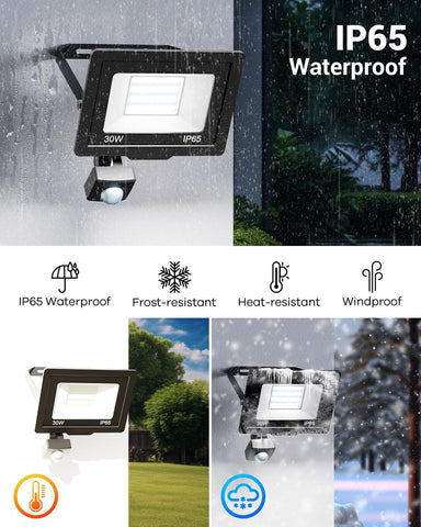 2 Pack Outdoor Security Lights 30W 3000LM PIR LED Floodlight IP65