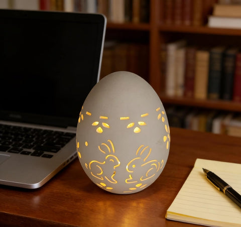 Easter Egg LED Table Lamp with Hollow Bunny Cutout – Ceramic Decorative Illuminated Egg Light