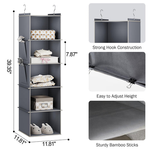 YOUDENOVA Hanging Wardrobe Organiser, 6 Shelves with Side Pockets, Grey – Make Every Shelf Count