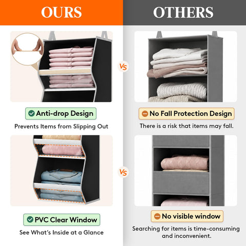 Lifewit 4-Tier Hanging Wardrobe Storage Organiser – Grey Foldable Closet Shelves with Clear PVC Window