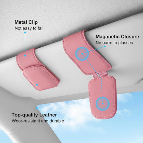 Car Magnetic Leather Sunglasses Holder for Visor (Pink)