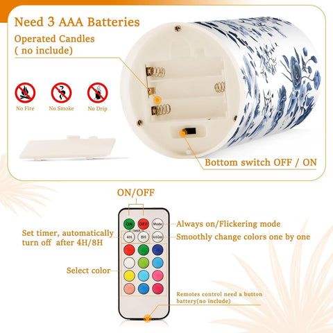 Flickering Flameless LED Candles with Blue & White Porcelain Flower Design, Remote Control & Timer, Set of 2 Battery Operated Candles