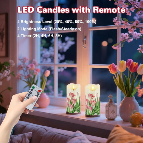 Tulip Flameless Pillar Candles Set of 2, 6×3 Inch Real Wax LED Candles with Remote, Timer & Dimmable Flickering Light