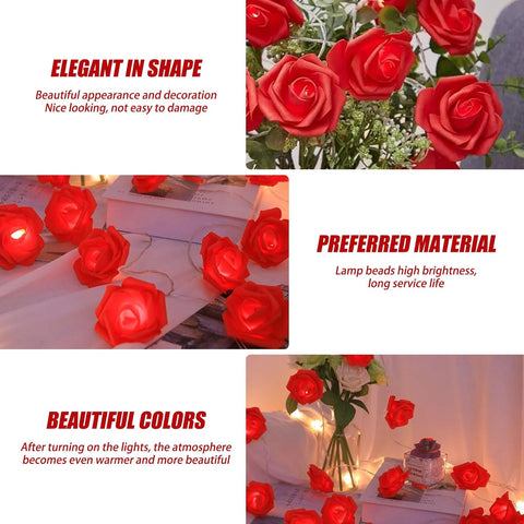 Hot Red Rose Flower Fairy String Lights 6M with 40 LEDs, Battery Operated Decorative Lights for Romantic Décor