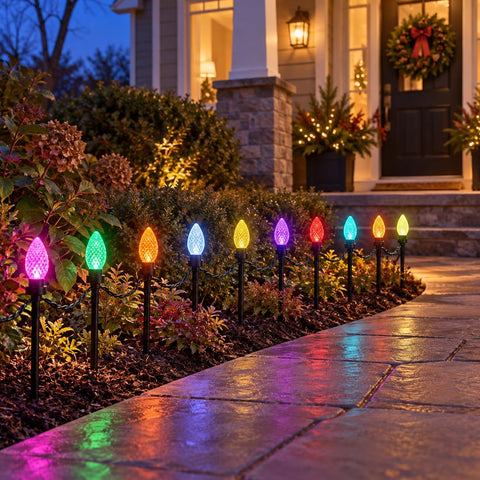 Festive Lights - 10 Colour Changing Diamond Cone Garden Stake Lights - 40 LEDs, 4.5m Lit Length, 8m Black Lead, 11 Functions, Mains Powered, IP44 Indoor Outdoor Decoration for Lawn, Pathway, Border