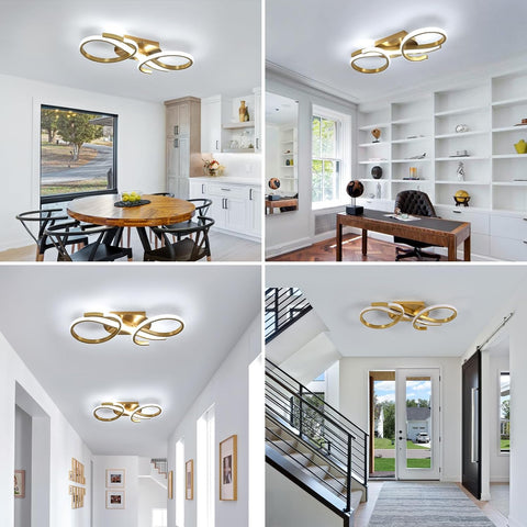 Gold ceiling light fixture in various indoor settings including a dining area, office, hallway, and staircase.
