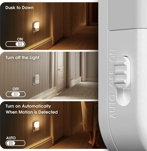 Motion Sensor Plug-In Night Light – 3 Modes (On/Off/Auto), Adjustable Brightness 30-100LM, 3000K Warm White LED, 1 Pack