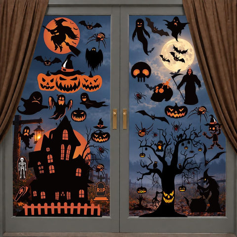98-Piece Halloween Window Stickers & Clings – Reusable Double-Sided Halloween Window Decals with Bats, Ghosts, Pumpkins & Spiders for Home, Party & Autumn Decorations