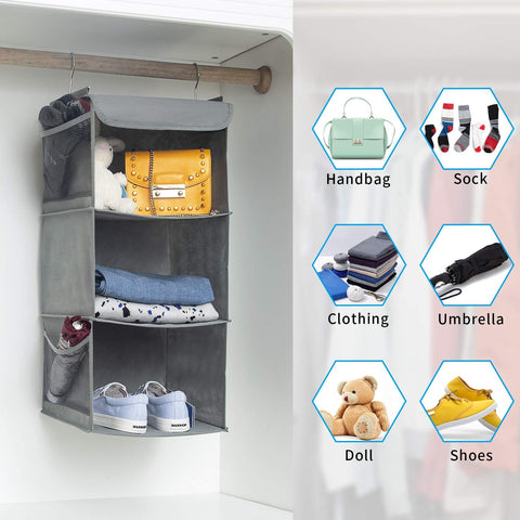 BrilliantJo Hanging Storage with 3 Shelves Wardrobe Closet Organiser, Storage Shelves Unit with 4 Pockets for Clothes Bag Shoes - Grey(30 x 30 x 60cm)