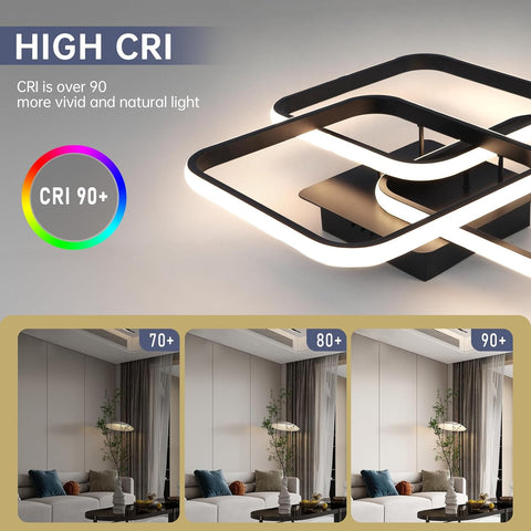 Modern ceiling light fixture with CRI 90+ rating in a living room setting.