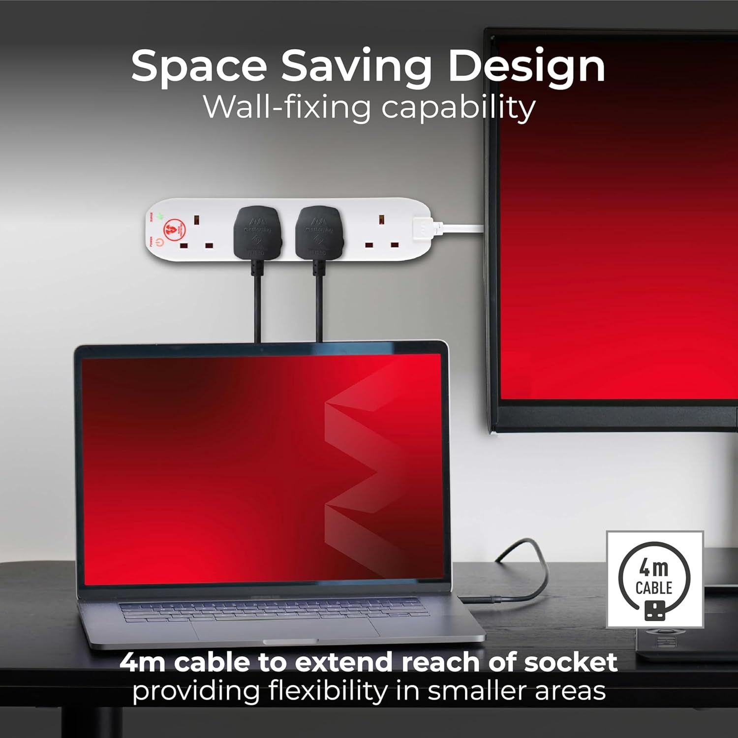 Laptop with power strip and monitor on a desk, emphasizing space-saving design and wall-fixing capability.