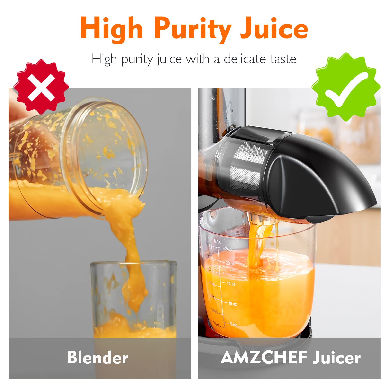AMZCHEF Juicer Machines - Cold Press Slow Juicer - Masticating Juicer for Whole Fruits and Vegetables - Delicate Chew No Need to Filter - BPA Free Juice Extractor with 2 Cups and Brush - Black