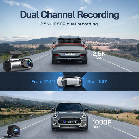 WOLFANG 4K Front & Rear Dash Cam with WiFi, Night Vision, Black