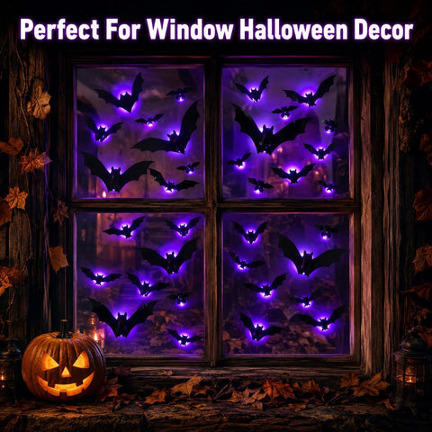 24PCS Halloween LED 3D Bat Wall Decorations – Glowing Purple Light-Up Bats with Removable Adhesives for Indoor Halloween Parties, Home, Bar & Party Décor