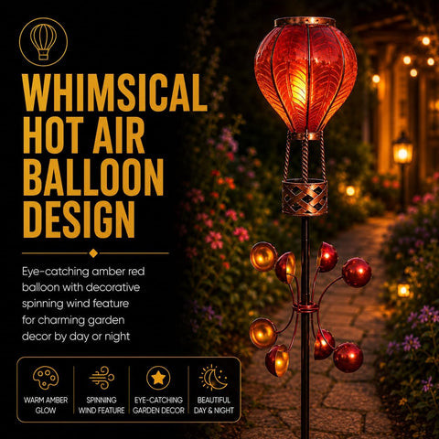 Festive Lights 1.15m Red Solar Hot Air Balloon Wind Spinner Stake Light – 20 Amber LED Flickering Flame Effect Garden Ornament, IP44 Weather Resistant Outdoor Lighting